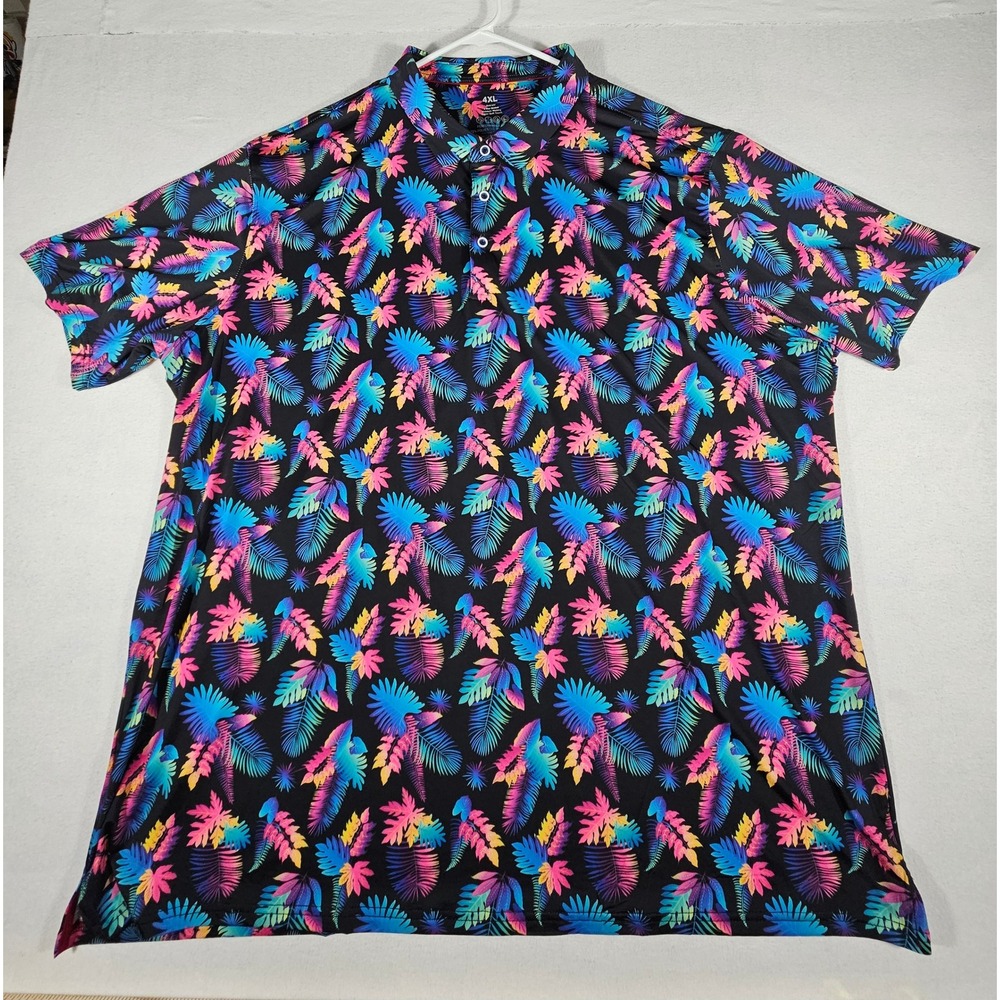 Performance Polo Shirt Mens 4XL Tropical Palm Leaf Neon Moisture Wicking Stretch